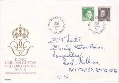 1987 Sweden FDC cover sent from Stockholm to Longniddry Scotland - Image 1 of 2