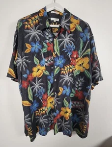 Vintage Pierre Cardin Mens XL Hawaiian Floral Button-Up Shirt Black Rayon Casual - Picture 1 of 8