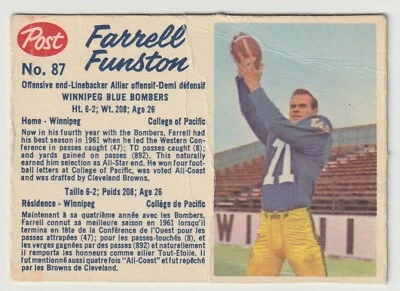 1962 Post CFL Farrell Funston Card #87 Winnipeg Blue Bombers Pacific - Image 1 of 2