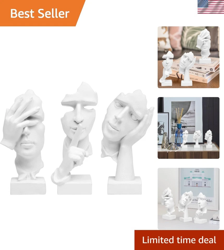 3 Pcs Thinker Statue Silence is Gold Abstract Art Figurine No 3 White