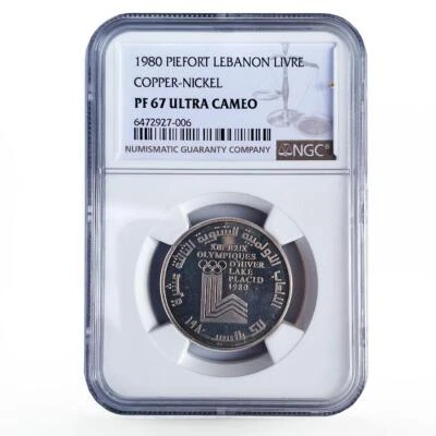 Lebanon 1 livre Lake Placid Olympic Games PF67 NGC piedfort CuNi coin 1980 - Image 1 of 4