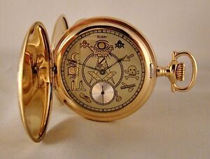 105 YEARS OLD ELGIN 14k GOLD FILLED HUNTER CASE MASONIC DIAL GREAT POCKET WATCH