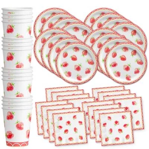 Strawberry Birthday Party Supplies Set Plates Napkins Cups Tableware Kit For 16 - Picture 1 of 7