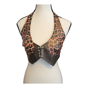 I.Am.Gia Amira Halter Top Patchwork Leopard Print Faux Leather Size XS