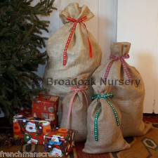 RUSTIC CHRISTMAS HESSIAN SACK Close Weave Jute Gift Bag with Ribbon, Stocking