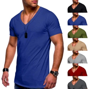 Men Short Sleeve Muscle Tee T-shirt Blouse Solid V Neck Casual Summer Slim Tops - Picture 1 of 30