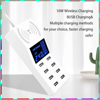 Multi-port charger 8USB with wireless non-slip pad hub Smart safe fast charging - Image 1 of 4