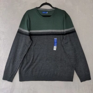 Apt 9 Sweater Men XL Green Gray Knit Striped Merino Blend Crew Neck Lightweight - Picture 1 of 7