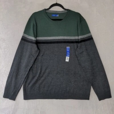 Apt 9 Sweater Men XL Green Gray Knit Striped Merino Blend Crew Neck Lightweight - Image 1 of 4