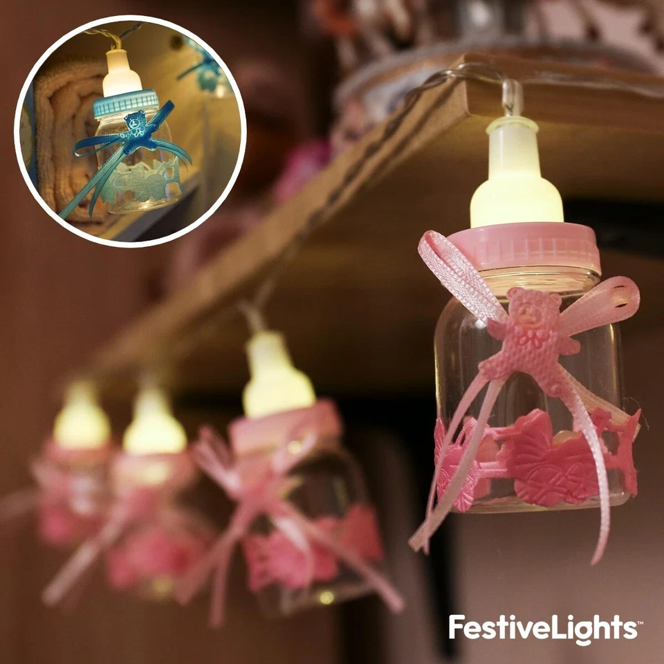1.5m Battery LED Blue Pink Bottle Indoor Baby Shower Basket Nursery Fairy Lights - Image 1 of 1