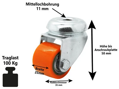 Polyurethan Rückenloch Lenkrolle Ø 35 mm extrem Kompakt Schwerlast Rolle 100 Kg