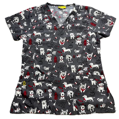 Wonderwink Scrub Top Size Small Grey Dogs Bones Fire Extinguisher Vet Puppies - Image 1 of 4
