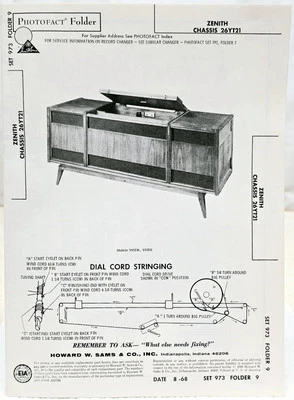 Zenith Chassis 26YT21 Record Player Stereo Cabinet Schematics & Parts List - Image 1 of 2