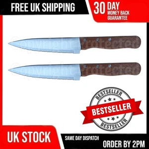 2PC LARGE STEAK KNIVES SET OF SHARP SERRATED BLADE KNIFE WOODEN HANDLE FULL TANG - Picture 1 of 4