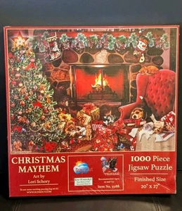SunsOut Lori Schory Christmas Mayhem 1000 pc Jigsaw Puzzle Kittens Dogs Tree NEW - Picture 1 of 3