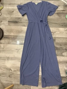 Rila Coster Jumpsuit Wide Leg Knit Blue V-Neck Short Sleeve Size M - Picture 1 of 5