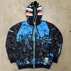 NWT Vintage Y2K Akademiks Black Shark Zip Up Hoodie AOP Size Large Cyber Grunge - Picture 1 of 10