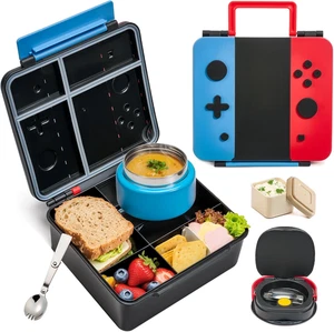 Kinder Bento Brotdose mit Thermoglas, Löffel, Teiler & Soßenbecher - Blau-Rot - Bild 1 von 7