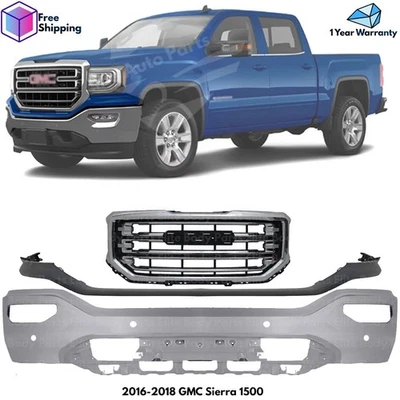 Front Bumper Face Bar Chrome & Grille Assembly Kit For 2016-2018 GMC Sierra 1500 - Imagem 1 de 4