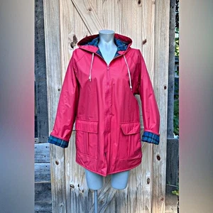 Vintage 80s Misty Harbor Red PVC Vinyl Hooded Plaid Lined Slicker Raincoat~M~ - Picture 1 of 6