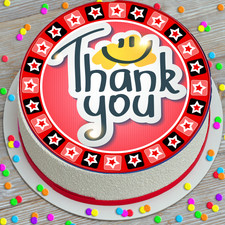 PRECUT EDIBLE ICING CAKE TOPPER 7.5 INCH RED THANK YOU WITH EMOJI FACE KCTY005