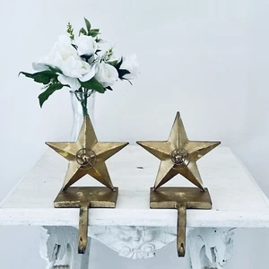 Vtg Gold Star Metal Stocking Hanger Hook Christmas Holiday Decor Set Of 2 Gild - Picture 1 of 3