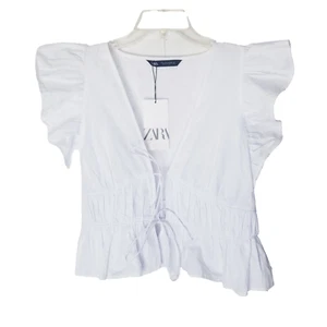 Zara Shirt Women Size Large White NEW Voluminous Flutter Sleeve Poplin - Picture 1 of 24