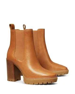 Tory Burch Carson Lug Sole High Heel Boots Women's 6.5 Toasted Caramel Pull On - Picture 1 of 16