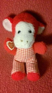 11" vintage RED GINGHAM MONKEY "I LOVE YOU" plush stuffed animal toy - Picture 1 of 5