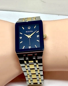 Bulova 98D154 Men's Watch Quadra Diamonds Blue Dial 30mm NEW BATTERY CHIPPED - Picture 1 of 13