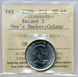 2009 Canada 25 Cents, Raised 2, Men's Hockey  - GEM Uncirculated, ICCS MS65 - Picture 1 of 3