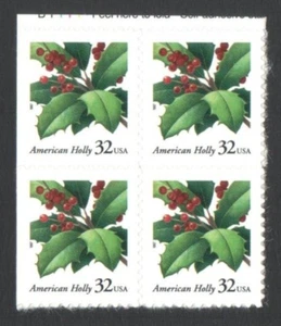 Block OF 4 UnUsed US Postage 32 Cent Stamps Christmas American Holly - Picture 1 of 2