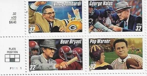 US Football Coaches 32c Stamp Plate Block of 4 Scott #3143 - 3146 - Picture 1 of 1