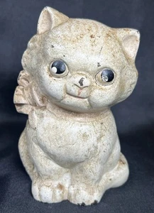 Vintage 1930's Hubley Cast Iron Kitten Cat Still Bank Pink Bow Original Paint 5” - Picture 1 of 18