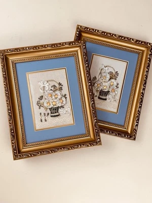 Juego de 2 flores de arte de tela hechas a mano en una cesta enmarcadas Foto 1 de 4