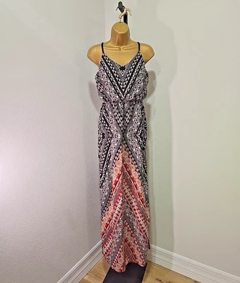 90s Tribal Slip Maxi Dress Womens Sm Black Red Indie Sleaze Boho Chic Resort USA - Image 1 of 4