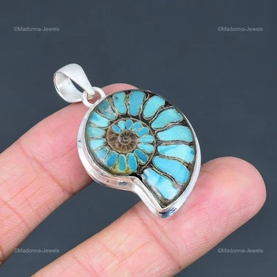 Blue Turquoise In Ammonite Fossil Gemstone Bezel New Pendant 925 Sterling Silver - Image 1 of 4