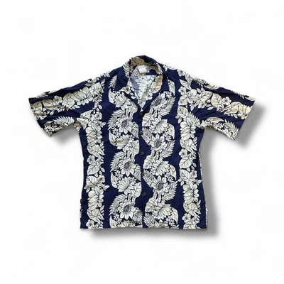 Hilo Hattie Hawaiian Shirt Men’s L Navy White Floral Rayon Challis Hawaii Made - Image 1 of 4