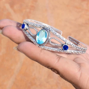 London Blue Topaz & Tanzanite Gemstone 925 Sterling Silver Bangle Dainty Cuff - Picture 1 of 7