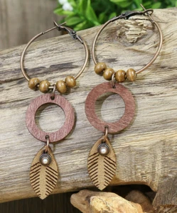 Antique Bronze Geometric Leaf Wood Accent Earrings / Unique / Playful / Natural - Picture 1 of 3
