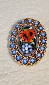 Vintage Oval Floral Micro Mosaic Pin Brooch - Picture 1 of 7