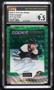 2020-21 O-Pee-Chee Platinum Emerald Surge /10 Liam Foudy CSG 9.5 Rookie Auto RC