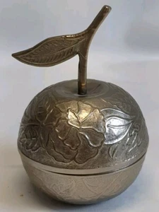 Vintage Silber Teller Blumenmuster Apfel mit Stiel & Blatt Apfel Schmuckschatulle 3,5" hoch - Bild 1 von 7