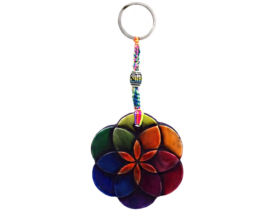 Rainbow Seed of Life Sacred Geometry Handmade 3D Keychain Macrame Metal Keyring - Image 1 of 1