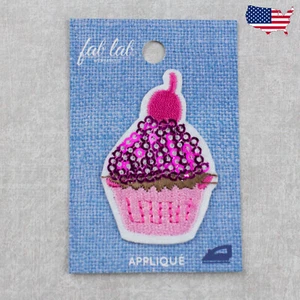 Sequin Cupcake with Cherry Top-Fab Lab Embroidered Iron On Patches Pink Dessert - Picture 1 of 2