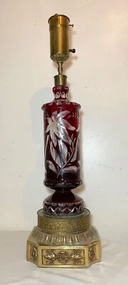 Large vintage cut to clear Bohemian Czech cranberry glass crystal table lamp - Image 1 of 4