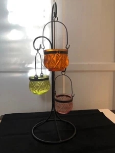 Metal Stand Three Glass Candle Holders Red,yellow,orange Pre Owned - Picture 1 of 5