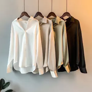 Camicia donna raso seta tinta unita donna casual ampia bottoni OL blusa da lavoro top! - Foto 1 di 19