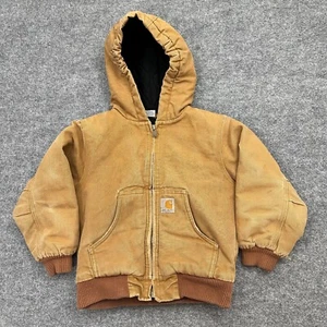 Carhartt Jacket Boys XXS (4-5) Brown Hooded Quilt Lined Canvas Youth Kids - Picture 1 of 16