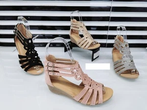 WOMEN'S GIRLS LADIES STRAPPY GLADIATOR FLOWER DAIMENTE CASUAL WEDGE SANDALS SIZE - Picture 1 of 15